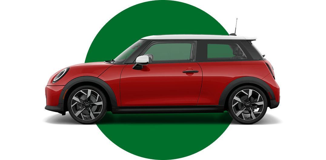 Side view of a MINI Cooper 2 Door in the Chili Red body color, facing left with its shadow underneath it.