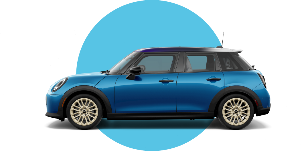 Side view of a MINI Cooper 4 Door in the Icy Sunshine Blue body color, facing left with its shadow underneath it.