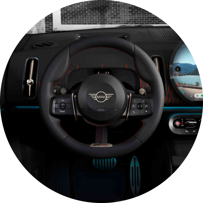 A close-up of the steering wheel on the MINI JCW Countryman ALL4.