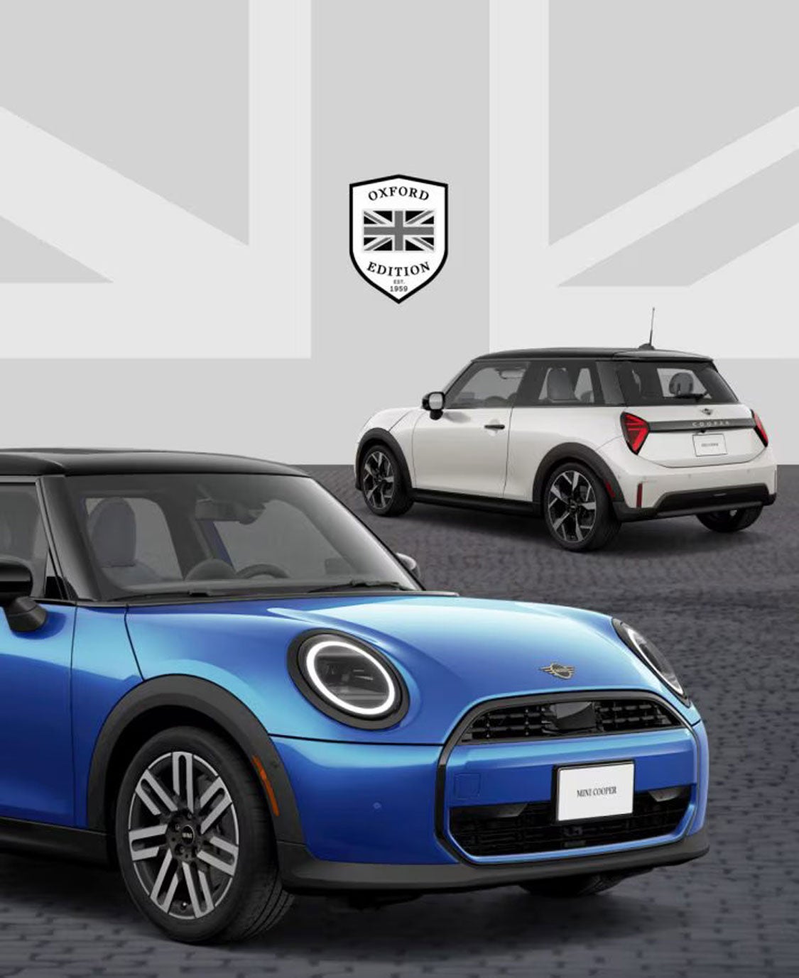 Rear side view of the MINI Cooper 2 Door Oxford Edition | Front side view of the MINI Cooper 4 Door Oxford Edition.