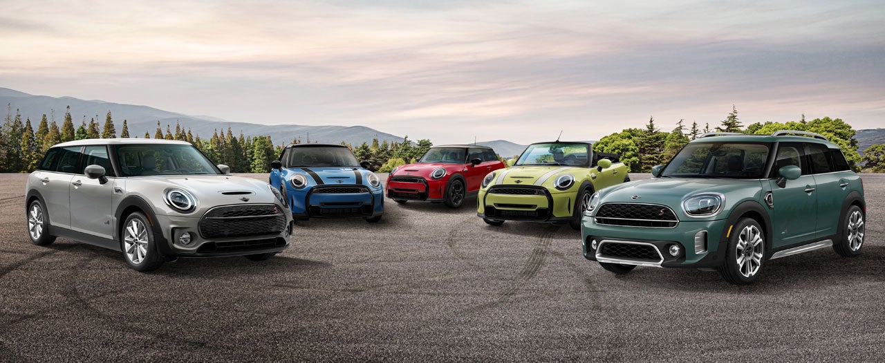 Family of MINI’s parked in front of a mountain range with a light blue sky in the background.