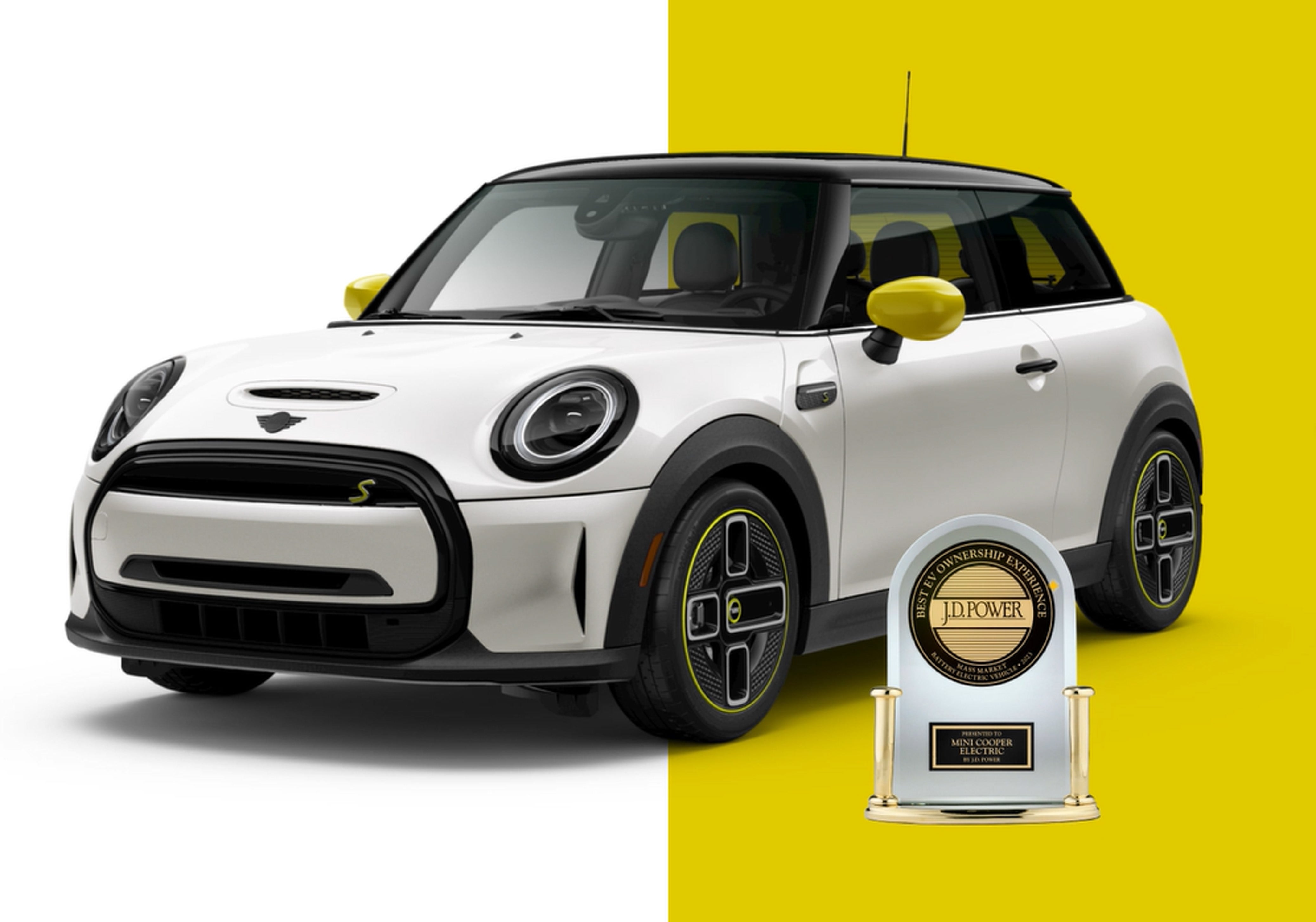 Frontside view of MINI Electric with white and gold background and J.D. Power Award below driver door. Closeup view of a J.D. Power Award trophy with “BEST EV OWNERSHIP EXPERIENCE” and “PRESENTED TO MINI COOPER ELECTRIC BY J.D. POWER