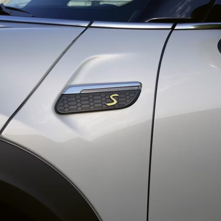 Closeup view of the side scuttle on a MINI Electric vehicle.