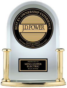 Closeup view of a J.D. Power Award trophy with “BEST EV OWNERSHIP EXPERIENCE” and “PRESENTED TO MINI COOPER ELECTRIC BY J.D. POWER